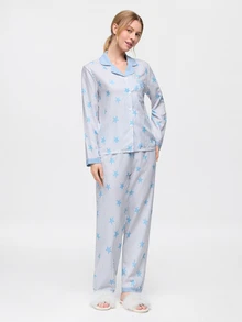 Bonmuse Striped Star Print Autumn/Winter Pajama Set, Sweet Cute Lapel Button Long Sleeve Top And Long Pants Women's Sleepwear Loungewear Set - Baby Blue - View 5