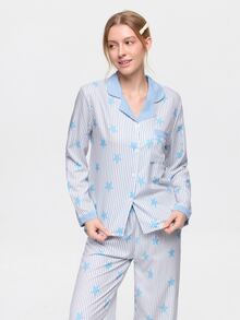 Bonmuse Striped Star Print Autumn/Winter Pajama Set, Sweet Cute Lapel Button Long Sleeve Top And Long Pants Women's Sleepwear Loungewear Set - Baby Blue - View 6