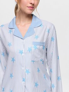 Bonmuse Striped Star Print Autumn/Winter Pajama Set, Sweet Cute Lapel Button Long Sleeve Top And Long Pants Women's Sleepwear Loungewear Set - Baby Blue - View 7