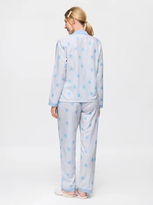 Bonmuse Striped Star Print Autumn/Winter Pajama Set, Sweet Cute Lapel Button Long Sleeve Top And Long Pants Women's Sleepwear Loungewear Set - Baby Blue - View 2