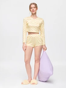 Bonmuse 2pcs Women's Round Neck Cropped Long Sleeve Top + Elastic Waist Shorts Pajama Loungewear Set - Yellow - View 9