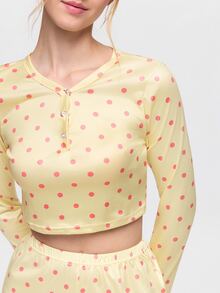 Bonmuse 2pcs Women's Round Neck Cropped Long Sleeve Top + Elastic Waist Shorts Pajama Loungewear Set - Yellow - View 6