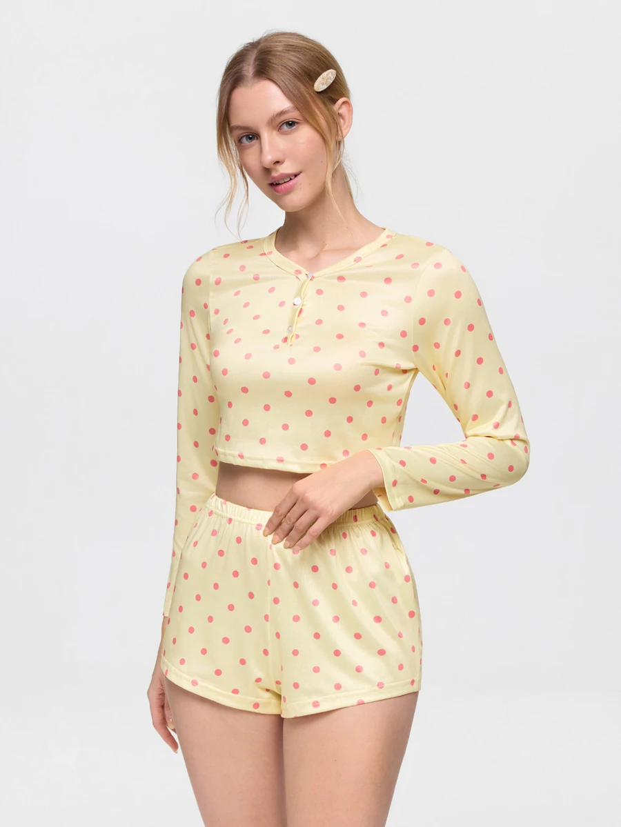 Bonmuse 2pcs Women's Round Neck Cropped Long Sleeve Top + Elastic Waist Shorts Pajama Loungewear Set