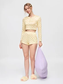 Bonmuse 2pcs Women's Round Neck Cropped Long Sleeve Top + Elastic Waist Shorts Pajama Loungewear Set - Yellow - View 8