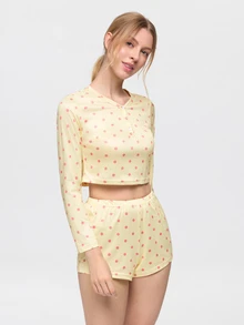Bonmuse 2pcs Women's Round Neck Cropped Long Sleeve Top + Elastic Waist Shorts Pajama Loungewear Set - Yellow - View 5