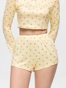 Bonmuse 2pcs Women's Round Neck Cropped Long Sleeve Top + Elastic Waist Shorts Pajama Loungewear Set - Yellow - View 7