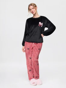 Bonmuse 2pcs/Set Girls Bow Embroidery Plaid Print Winter Flannel Long Sleeve Top And Pants Thermal Lined Loungewear Set - Black - View 3