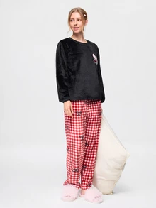 Bonmuse 2pcs/Set Girls Bow Embroidery Plaid Print Winter Flannel Long Sleeve Top And Pants Thermal Lined Loungewear Set - Black - View 8