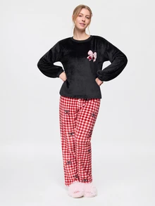 Bonmuse 2pcs/Set Girls Bow Embroidery Plaid Print Winter Flannel Long Sleeve Top And Pants Thermal Lined Loungewear Set - Black - View 1