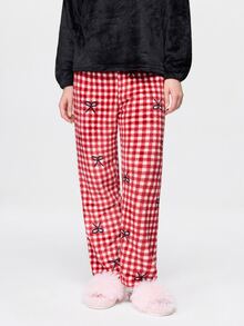 Bonmuse 2pcs/Set Girls Bow Embroidery Plaid Print Winter Flannel Long Sleeve Top And Pants Thermal Lined Loungewear Set - Black - View 7