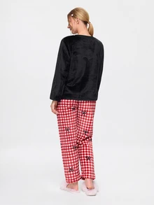 Bonmuse 2pcs/Set Girls Bow Embroidery Plaid Print Winter Flannel Long Sleeve Top And Pants Thermal Lined Loungewear Set - Black - View 2