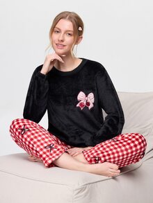 Bonmuse 2pcs/Set Girls Bow Embroidery Plaid Print Winter Flannel Long Sleeve Top And Pants Thermal Lined Loungewear Set - Black - View 9