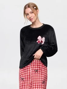 Bonmuse 2pcs/Set Girls Bow Embroidery Plaid Print Winter Flannel Long Sleeve Top And Pants Thermal Lined Loungewear Set - Black - View 5