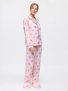 Bonmuse 2pcs Set Piyama Wanita Longgar Nyaman Bernapas Lengan Panjang Atasan + Celana Lucu - Berwarna merah muda - View 5