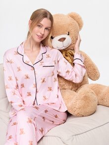 Bonmuse 2pcs Set Piyama Wanita Longgar Nyaman Bernapas Lengan Panjang Atasan + Celana Lucu - Berwarna merah muda - View 8