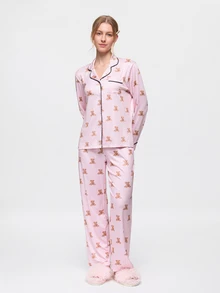 Bonmuse 2pcs Set Piyama Wanita Longgar Nyaman Bernapas Lengan Panjang Atasan + Celana Lucu - Berwarna merah muda - View 3