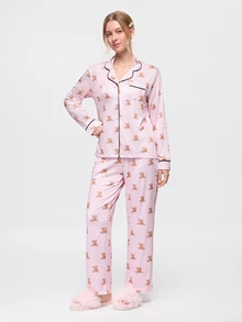 Bonmuse 2pcs Set Piyama Wanita Longgar Nyaman Bernapas Lengan Panjang Atasan + Celana Lucu - Berwarna merah muda - View 4