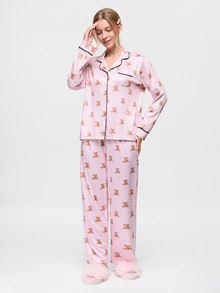 Bonmuse 2pcs Set Piyama Wanita Longgar Nyaman Bernapas Lengan Panjang Atasan + Celana Lucu - Berwarna merah muda - View 6