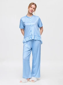 Bonmuse 2pcs/Set Women's Loose Comfortable Breathable Short Sleeve Top + Long Pants Cute Pajama Set - Blue - View 4