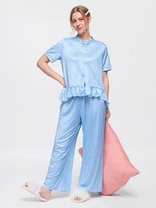 Bonmuse 2pcs/Set Women's Loose Comfortable Breathable Short Sleeve Top + Long Pants Cute Pajama Set - Blue - View 8