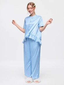 Bonmuse 2pcs/Set Women's Loose Comfortable Breathable Short Sleeve Top + Long Pants Cute Pajama Set - Blue - View 5