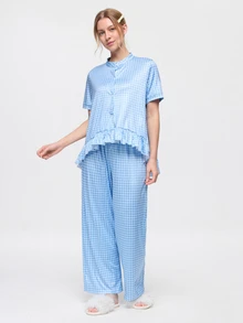 Bonmuse 2pcs/Set Women's Loose Comfortable Breathable Short Sleeve Top + Long Pants Cute Pajama Set - Blue - View 3