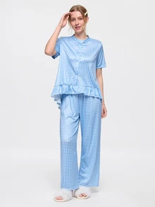 Bonmuse 2pcs/Set Women's Loose Comfortable Breathable Short Sleeve Top + Long Pants Cute Pajama Set - Blue - View 1
