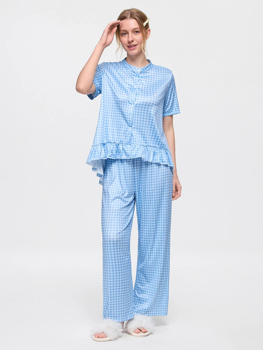 Bonmuse 2pcs/Set Women's Loose Comfortable Breathable Short Sleeve Top + Long Pants Cute Pajama Set - Blue - View 1