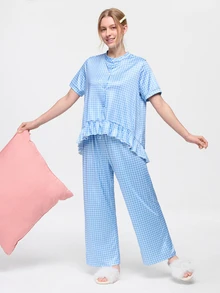 Bonmuse 2pcs/Set Women's Loose Comfortable Breathable Short Sleeve Top + Long Pants Cute Pajama Set - Blue - View 9
