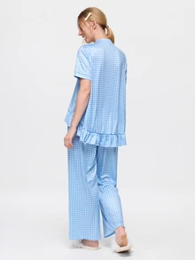 Bonmuse 2pcs/Set Women's Loose Comfortable Breathable Short Sleeve Top + Long Pants Cute Pajama Set - Blue - View 2