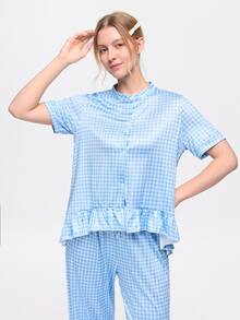 Bonmuse 2pcs/Set Women's Loose Comfortable Breathable Short Sleeve Top + Long Pants Cute Pajama Set - Blue - View 6