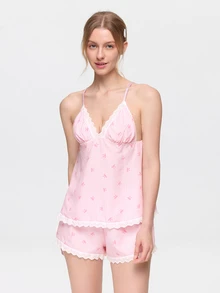 Bonmuse 2pcs/Set Women's Pink Lace Patchwork Bow Deep V-Neck Cute Sexy Striped Sleeveless Backless Ruffle Lace Hem Slip Dress Short Nightgown Set - Pink - View 3