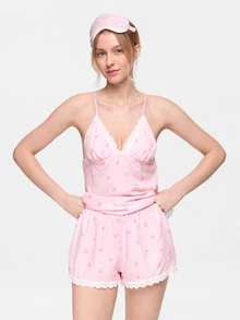 Bonmuse 2pcs/Set Women's Pink Lace Patchwork Bow Deep V-Neck Cute Sexy Striped Sleeveless Backless Ruffle Lace Hem Slip Dress Short Nightgown Set - Pink - View 8