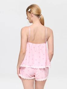 Bonmuse 2pcs/Set Women's Pink Lace Patchwork Bow Deep V-Neck Cute Sexy Striped Sleeveless Backless Ruffle Lace Hem Slip Dress Short Nightgown Set - Pink - View 2
