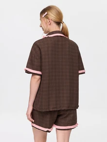 Bonmuse 2pcs/Set Women's Summer New Short Sleeve Shorts Pajamas, Loose Fit Home Wear Set, Skin-Friendly Breathable Loungewear, Women's Summer New Short Sleeve Shorts Pajama Set - Brown - View 2