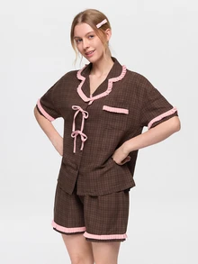 Bonmuse 2pcs/Set Women's Summer New Short Sleeve Shorts Pajamas, Loose Fit Home Wear Set, Skin-Friendly Breathable Loungewear, Women's Summer New Short Sleeve Shorts Pajama Set - Brown - View 3