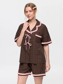 Bonmuse 2pcs/Set Women's Summer New Short Sleeve Shorts Pajamas, Loose Fit Home Wear Set, Skin-Friendly Breathable Loungewear, Women's Summer New Short Sleeve Shorts Pajama Set - Brown - View 4
