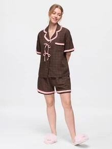 Bonmuse 2pcs/Set Women's Summer New Short Sleeve Shorts Pajamas, Loose Fit Home Wear Set, Skin-Friendly Breathable Loungewear, Women's Summer New Short Sleeve Shorts Pajama Set - Brown - View 8