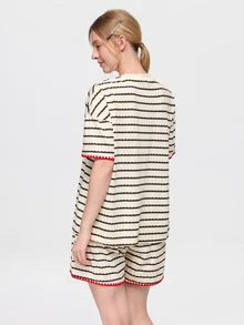 Bonmuse 2pcs/Set Women's Pajama Loungewear Set, Fashion Striped Print Cute Pattern Romantic Pullover Short Sleeve Shorts, Spring/Summer Wear, Easy Care Fabric - Apricot - View 2