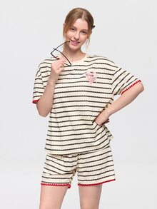 Bonmuse 2pcs/Set Women's Pajama Loungewear Set, Fashion Striped Print Cute Pattern Romantic Pullover Short Sleeve Shorts, Spring/Summer Wear, Easy Care Fabric - Apricot - View 1