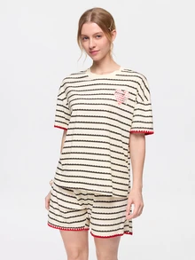 Bonmuse 2pcs/Set Women's Pajama Loungewear Set, Fashion Striped Print Cute Pattern Romantic Pullover Short Sleeve Shorts, Spring/Summer Wear, Easy Care Fabric - Apricot - View 3