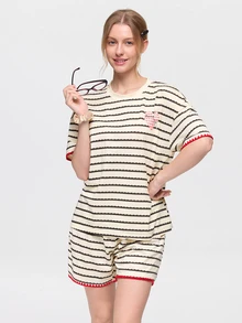 Bonmuse 2pcs/Set Women's Pajama Loungewear Set, Fashion Striped Print Cute Pattern Romantic Pullover Short Sleeve Shorts, Spring/Summer Wear, Easy Care Fabric - Apricot - View 7
