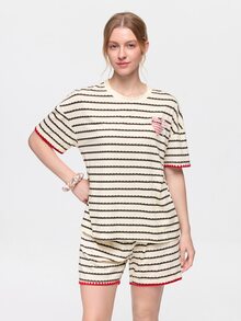 Bonmuse 2pcs/Set Women's Pajama Loungewear Set, Fashion Striped Print Cute Pattern Romantic Pullover Short Sleeve Shorts, Spring/Summer Wear, Easy Care Fabric - Apricot - View 4