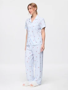 Bonmuse Conjunto de ropa de estar en casa para mujer con top de manga corta de un solo botón y pantalones con estampado de rayas y cerezas, primavera/verano - Celeste - Ver 4