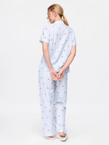 Bonmuse Conjunto de ropa de estar en casa para mujer con top de manga corta de un solo botón y pantalones con estampado de rayas y cerezas, primavera/verano - Celeste - Ver 2