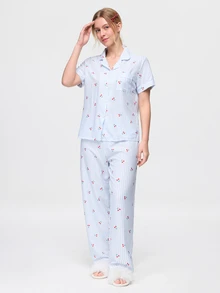 Bonmuse Conjunto de ropa de estar en casa para mujer con top de manga corta de un solo botón y pantalones con estampado de rayas y cerezas, primavera/verano - Celeste - Ver 3