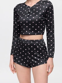 Bonmuse 2pcs Women's Round Neck Cropped Long Sleeve Top + Elastic Waist Shorts Pajama Loungewear Set - Black - View 8