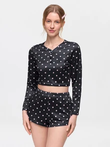Bonmuse 2pcs Women's Round Neck Cropped Long Sleeve Top + Elastic Waist Shorts Pajama Loungewear Set - Black - View 4