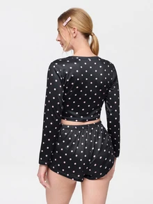 Bonmuse 2pcs Women's Round Neck Cropped Long Sleeve Top + Elastic Waist Shorts Pajama Loungewear Set - Black - View 3