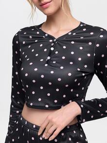 Bonmuse 2pcs Women's Round Neck Cropped Long Sleeve Top + Elastic Waist Shorts Pajama Loungewear Set - Black - View 6